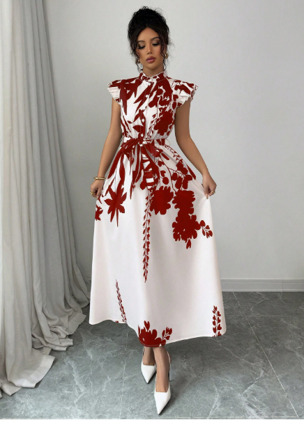 Women's Casual Floral Print Cap Sleeve Long Dress Carousel 3