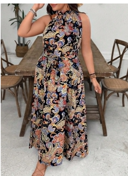 Plus Size Apricot Bohemian Floral Print Halter Maxi Loose Carousel 5