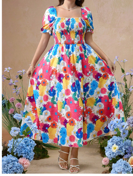 Plus Size Women Elegant Floral Print Short Sleeve Maxi Dress Carousel 6