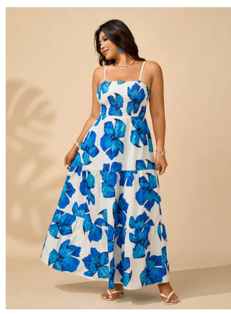 Plus Size Women's Open Shoulder Sleeveless A-Line Dress With Floral Print Carousel 5