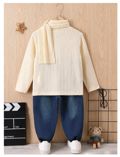 Young Boy Solid Mock Neck Tee & Ripped Jeans & Scarf Carousel 1