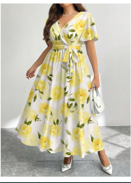 Vintage Yellow Rose Floral Print Loose Fit Plus Size Dress Carousel 1