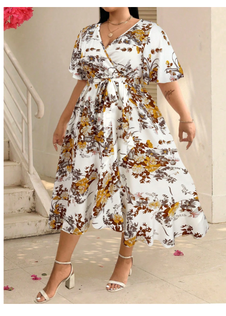 Clasi Plus Floral Print Butterfly Sleeve Belted Dress Maxi Women Outfit Carousel 3