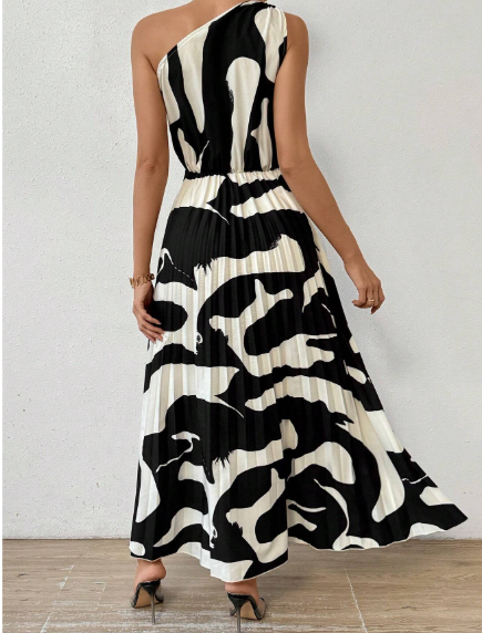 Women'S Pattern Printed One Shoulder Sleeveless Dress With Pleated Hem Carousel 1