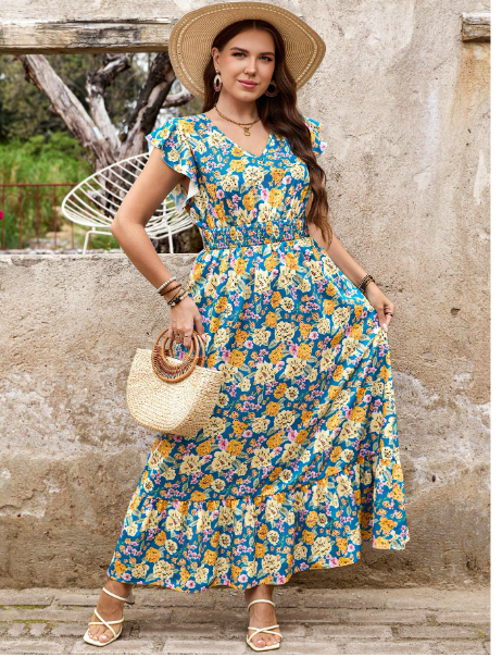 Plus Size Maxi Dress Floral Print Dress Ruffle Sleeves V-Neck Waist Dress Long Dress Carousel 4