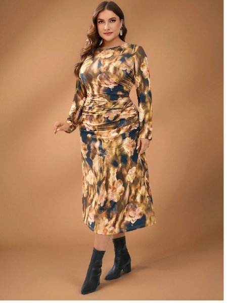 Plus Size Women's  Knitted Pattern Pleated Pullover Long Sleeve Dress Carousel 4