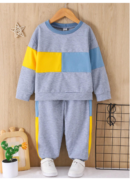 2pcs/Set Young Boy Casual Contrast Color Block Crew Neck Sweatshirt And Relaxed Pants Carousel 5