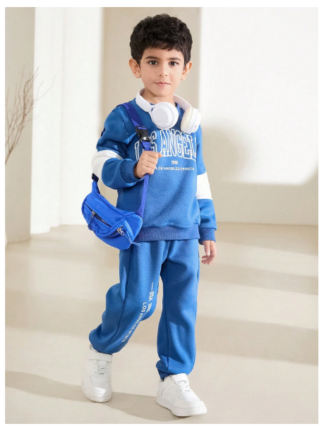 Young 2pcs/Set Boy Color Block Letter Print Crew Neck Long Sleeve Top And Pants Set Carousel 6