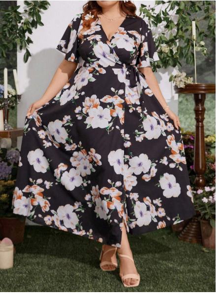 Plus Size Elegant Floral Print Tie-Front Dress