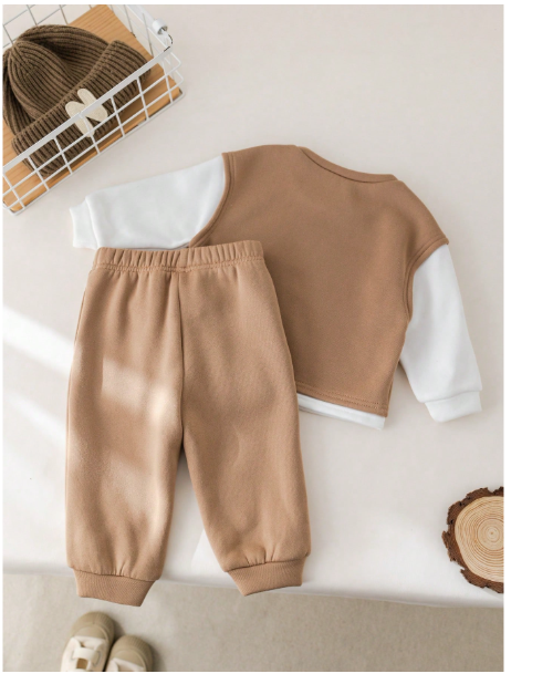 2pcs Baby Boy/Girl Casual Loose 2 In 1 Letter Graphic Sweatshirt & Pants Set Carousel 1