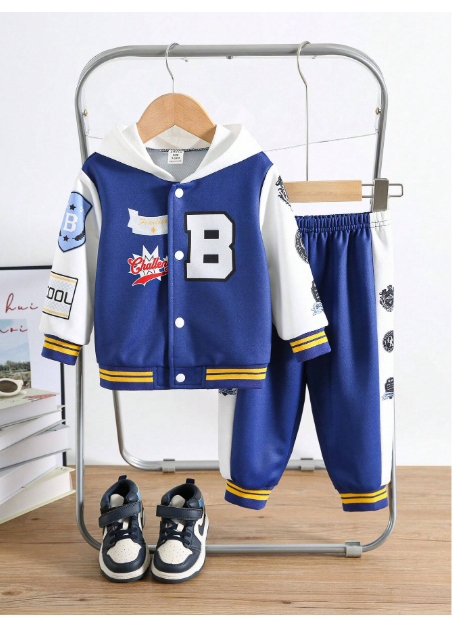 2pcs/Set Baby Girl/Boy Letter Print Contrast Color Hoodie Jacket And Jogger Pants Set Carousel 2