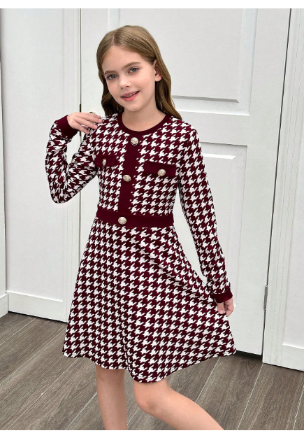 Tween Girl Houndstooth Patchwork Button Decor Round Neck Fitted Elegant Long Sleeve Knit Dress
