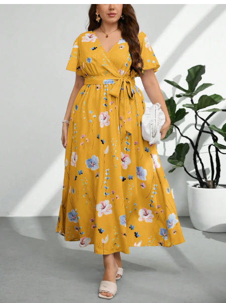 Plus Size Women V-Neck Loose Fit Drawstring Waist Slit Print Carousel 4