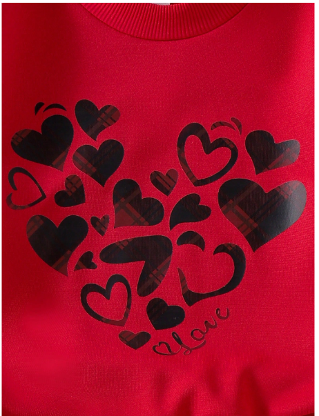 2pcs Young Girls Heart Print Crew Neck Long Sleeve Sweatshirt & Black Flared Pants Set Carousel 3