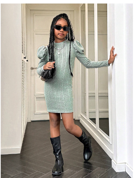 Tween Girls' Casual Solid Color Knitted Stand Collar Long Sleeve Dress Carousel 6