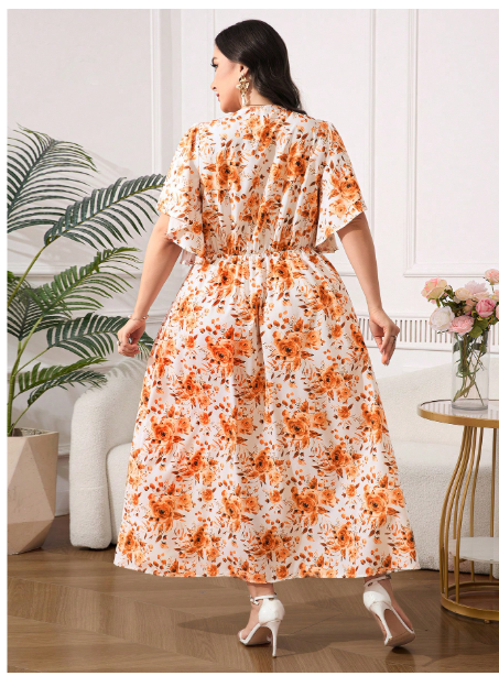 Plus Size Women's V-Neck Orange Floral Print Slim Fit Long Dress Carousel 1