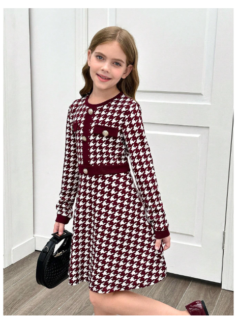 Tween Girl Houndstooth Patchwork Button Decor Round Neck Fitted Elegant Long Sleeve Knit Dress Carousel 3