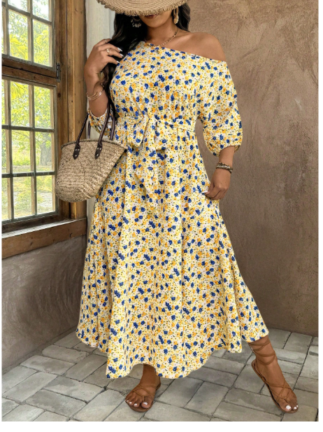 Plus Size Women Vacation Ditsy Floral Asymmetric Neckline Lantern Sleeve Dress Carousel 2