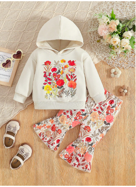 Baby Girls 2 Pieces/Set Of Stylish And Elegant Floral Hoodie + Flared Pants Carousel 1