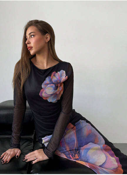 Women's Long Round Neck Mesh Print Fish Tail Fitted