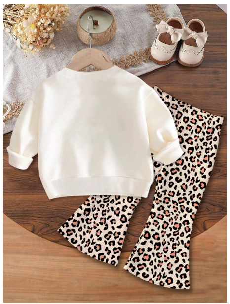Baby Girl Cute Sweet Leopard Print Heart Pattern Beige Knit Soft Pullover Casual Outfit Carousel 1