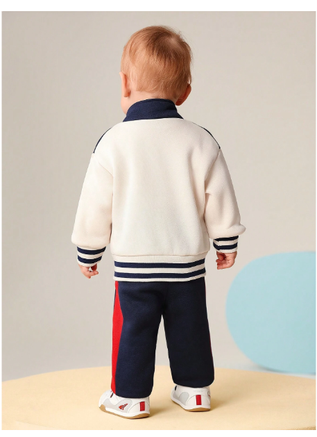 2pcs Baby Boys Blue-Red-White Colorblock Zipper Jacket And Pants  Carousel 1