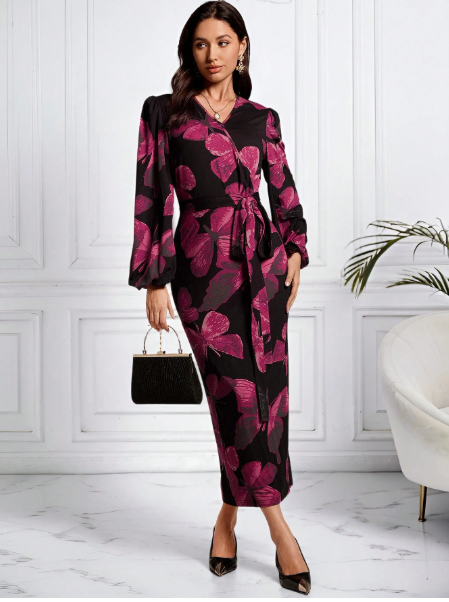 Women's V-Neck Long Sleeve Butterfly Print Casual Long Dress Carousel 6