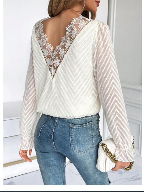 Guipure Lace Insert Flare Sleeve Blouse Carousel 2