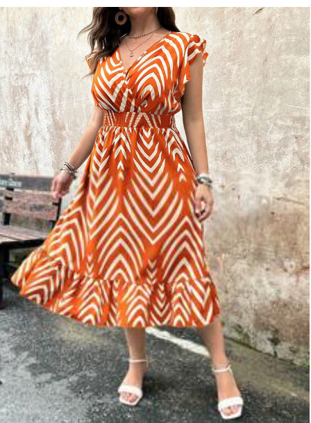 Plus Size Summer Women's Herringbone Print Overlapping V-Neck Cap Sleeves Long Elegant Dress Carousel 2