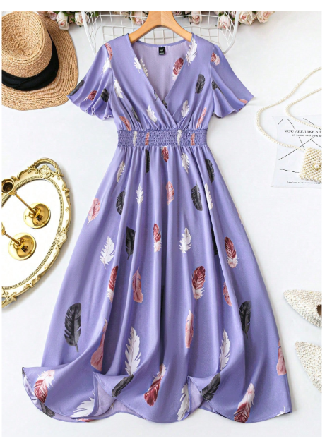 Plus Size Summer Casual Feather Allover Print Dress With Pleated Waist Maxi Women Outfit