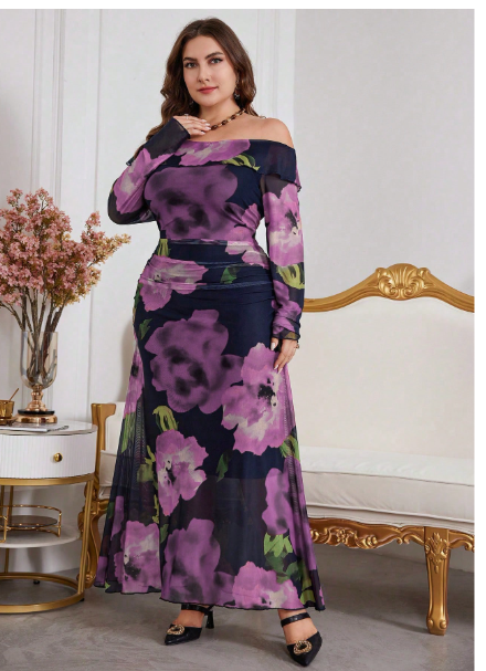 Plus Size Women's Off Shoulder Floral Print Patchwork Ruffle Hem Dress Carousel 2