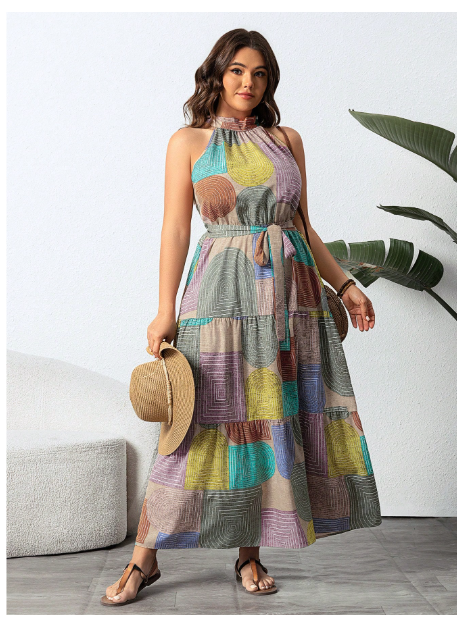 Plus Size Women Resort Style Halter Neck Sleeveless Maxi Dress Carousel 4