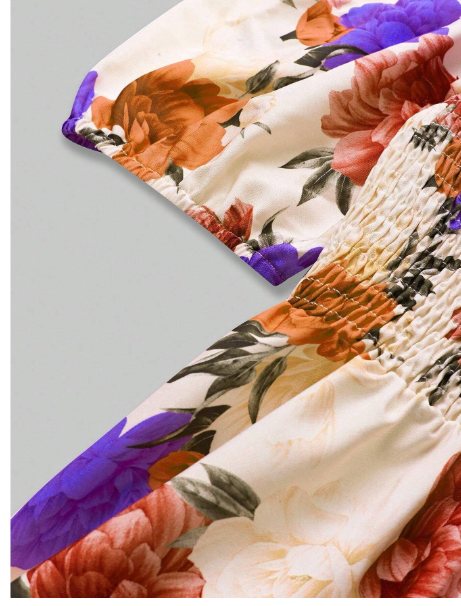 Women Floral Print Short Sleeve Off-The-Shoulder  Carousel 4
