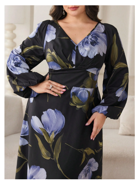 Plus Size Women Holiday Floral Print V-Neck Lantern Sleeve Dress