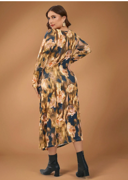Plus Size Women's  Knitted Pattern Pleated Pullover Long Sleeve Dress Carousel 1