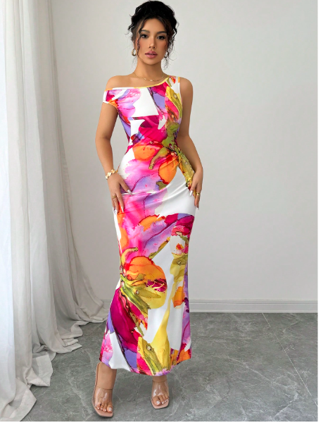1pc Oblique Shoulder Waist Cinched Fitted Floral Print Dress Carousel 2