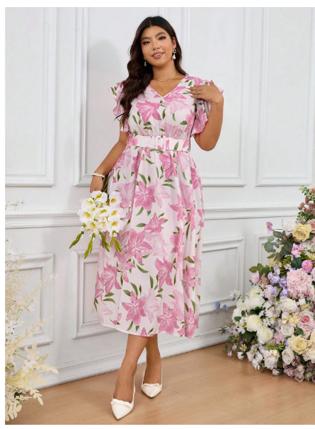Plus Size Women Elegant Floral All-Over Print Ruffle Hem Dress For Summer Carousel 2