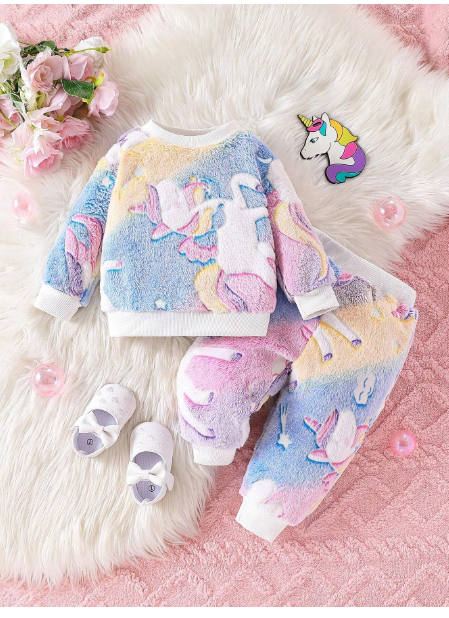 2pcs/Set Baby Girls' Casual Cartoon Pattern Printed (Glow-In-The-Dark Effect) Ribbed Crew Neck Long Sleeve Top And Pants Outfit Carousel 4