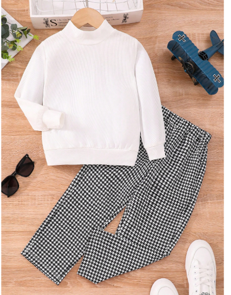 Young Boy Mock Neck Sweatshirt & Houndstooth Print Pants