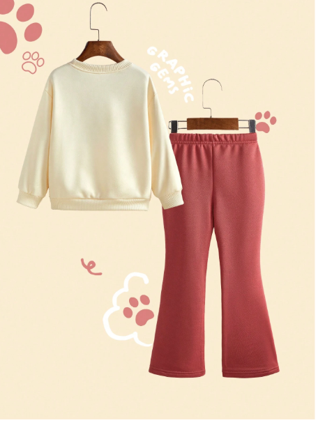 2pcs/Set Girls' (Small) Round Neck Long Sleeve Letter Print Simple Top And Pants Set Carousel 1