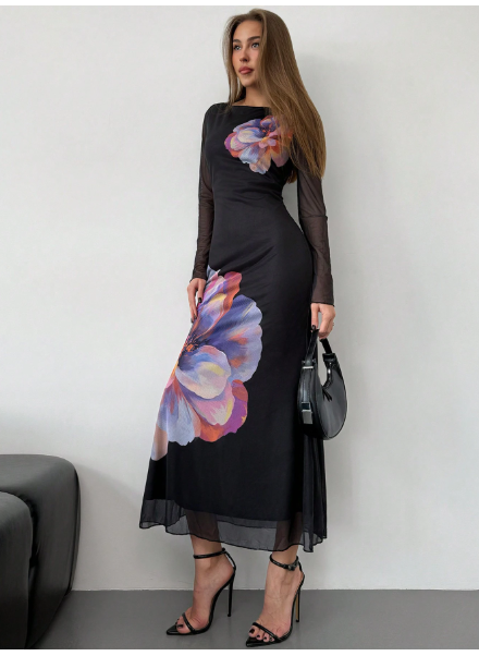 Women's Long Round Neck Mesh Print Fish Tail Fitted Carousel 5