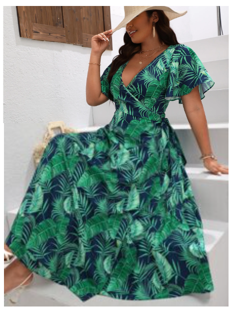 Plus Tropical Print Butterfly Sleeve Knot Side Dress