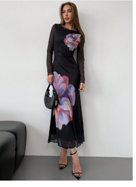Women's Long Round Neck Mesh Print Fish Tail Fitted Carousel 2
