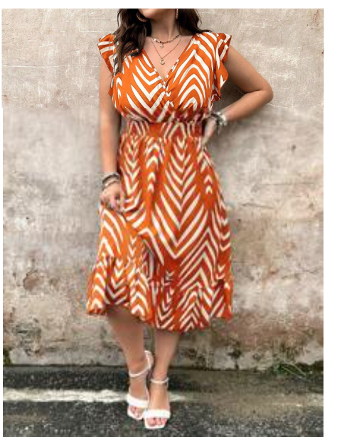Plus Size Summer Women's Herringbone Print Overlapping V-Neck Cap Sleeves Long Elegant Dress Carousel 4