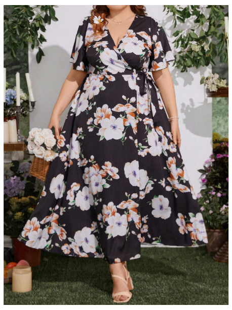 Plus Size Elegant Floral Print Tie-Front Dress Carousel 3