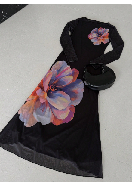 Women's Long Round Neck Mesh Print Fish Tail Fitted Carousel 8