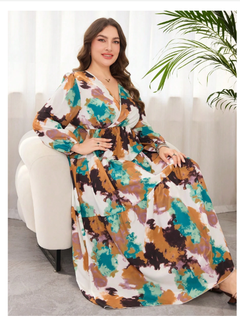 Plus Size Women V-Neck Digital Print Elegant Dress