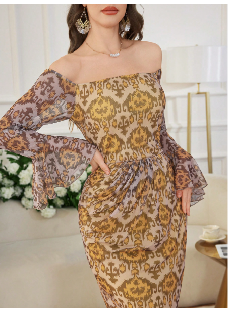 Women's Long Pattern Ruched Off Shoulder Mesh Slim-Fit Elegant Charm Dress Carousel 3