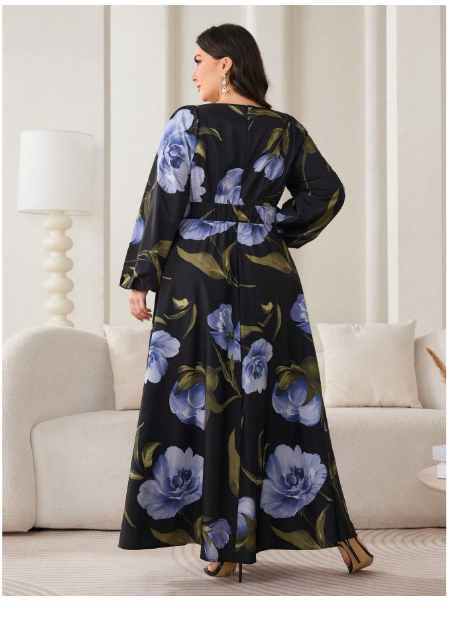 Plus Size Women Holiday Floral Print V-Neck Lantern Sleeve Dress Carousel 3