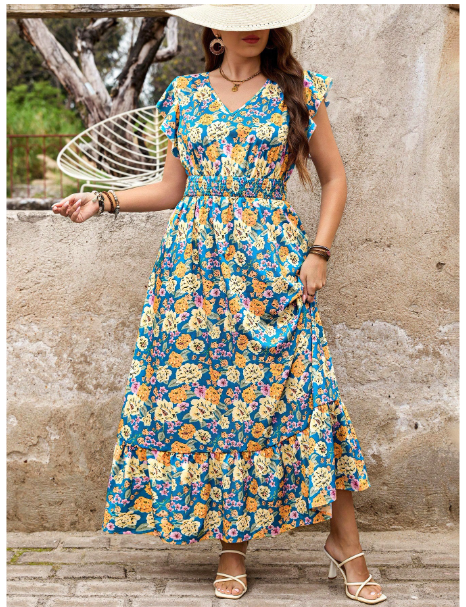 Plus Size Maxi Dress Floral Print Dress Ruffle Sleeves V-Neck Waist Dress Long Dress Carousel 2